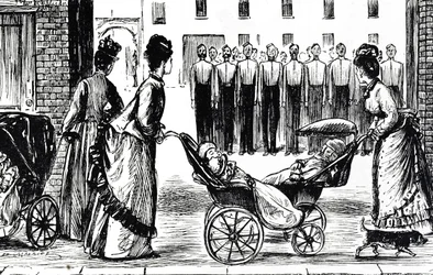 Cartoon depicting nursemaids wheeling their carriages past the barracks