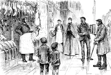 Engraving Depicting a Butcher and Poulterer Being Photographed in Front of His Christmas Display by George du Maurier