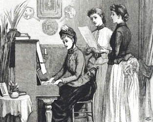 Engraving depicting young ladies singing in the drawing room