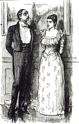 Cartoon illustrating a man and woman in conversation at a society event, England 1891