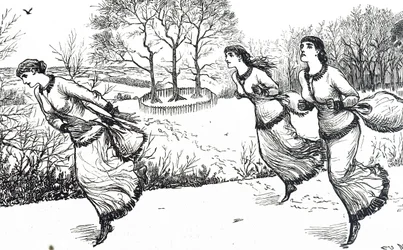 Illustration depicting girls setting the trail for the hare and hounds