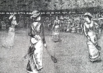 Ladies playing lawn tennis