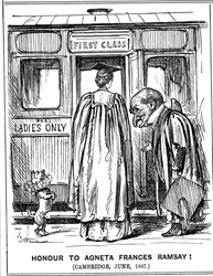 Mr Punch bows to Agneta Frances Ramsay who sat, and passed with First Class Honours, the papers set, but could not receive a degree as Cambridge did not award them to women at this time. George du Maurier cartoon from Punch, London, 2 July 1887.