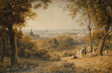 A View of Versailles with Elegant Figures in the Foreground at Sunset