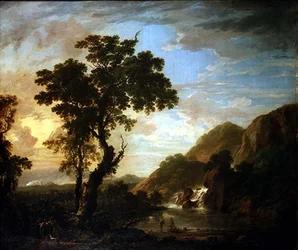 Wooded river landscape with figures in the foreground and cascade beyond