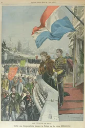 Procession of Corporations in the Hague before Queen Wilhelmina of the Netherlands to celebrate her marriage to Duke Henry of Mecklenburg, February 1901