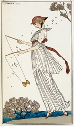 A Woman Wearing a Printed White Linen Dress, Playing with a Toy