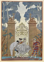 Colombine. People standing outside a gate. A Pierrot.