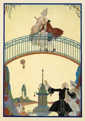 On the Walk. A Man and Woman on a Bridge. Pierrot Below.