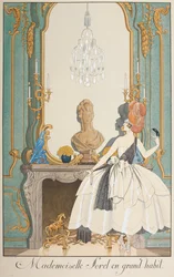 Mademoiselle Sorel in grand habit. A woman standing in front of a fireplace.