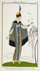 Woman wearing a small velvet cloak, with a striped linen dress, orange t-bar shoes, and a hat trimmed with black and red. Costumes Parisiens.
