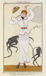 Woman is wearing a dress of white cloth trimmed with a rose-colored hem and a pink belt. She is also wearing black heels and a black necklace. Costumes Parisiens no.21