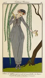Woman wearing a taffeta dress with gray collar and cuffs of linen and a waistcoat of satin with enamel buttons. Costumes Parisiens no.39