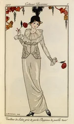 Pearl Grey Satin Dress and Black Straw Hat (Costumes Parisiens no.8)