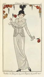 Pearl gray satin suit, black straw hat