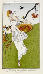 Printed Taffeta Outfit and Straw Hat. Costumes Parisiens No.179