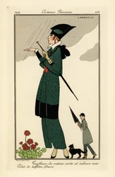 Woman in green ratine and black velvet suit