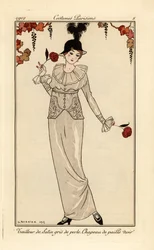Woman in pearl-grey suit and black straw hat