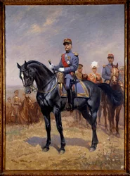 First World War: “Equestrian portrait of Ferdinand Foch (1851-1929) marshal of France” Behind him, Douglas Haig, Armando Diaz and Maxime Weygang. Painting by Georges Bertin Scott (1873-1942) dit Scott de Plagnolles 1930. Paris, Musee d