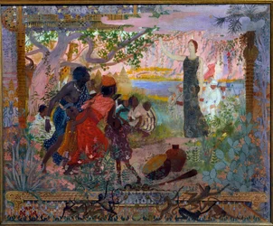 The Conquest of Africa. Allegory about colonialism representing a young white woman solemnly advancing towards frightened African families. Painting by Georges Antoine Rochegrosse (1859-1938) 1900 Paris, Musee du Luxembourg
