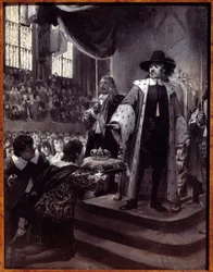 Oliver Cromwell (1599-1658) refusing the crown The Lord Protector of the Republic of Great Britain was proposed the crown by the Humble Petition and Advice (New Parliament) in 1658. Grisaille on wood by Georges Antoine Rochegrosse (1859-1938) 19th century