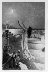 Salammbo, daughter of Hamilcar Barca, prays Tanit, goddess of the moon. Illustration of Georges Antoine Rochegrosse for the novel Salammbo by Gustave Flaubert