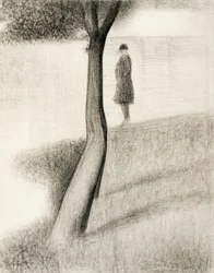 Man standing next to tree; study on La Grande Jatte