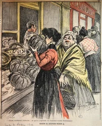 Two women choosing a pumpkin at a market, late 19th century