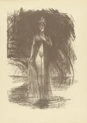 Nude woman with flower standing in shallow water as an apparition, L’Epreuve (series title)
