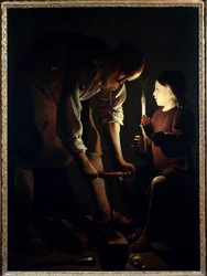 Saint Joseph Carpenter, Jesus Child Holds a Candle to Light His Father Joseph at Work