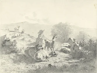 Shepherdess with Goats and Sheep in a Mountainous Landscape