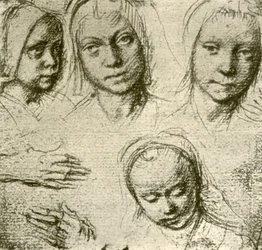 Four Heads of a Young Girl and Two Hands