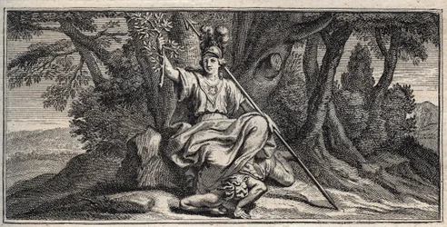 Minerva Slaying Discord (engraving by Gerard Edelinck after Daniel Halle)