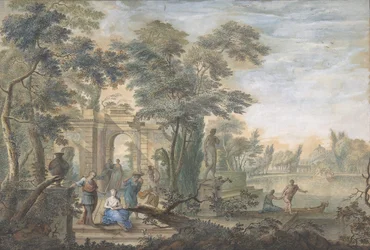 Arcadian Landscape with several Figures and a Statue of Diana