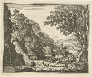 Shepherd with Animals near a Waterfall