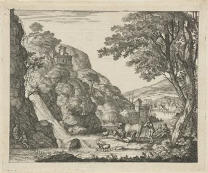 Shepherd with Animals by a Waterfall
