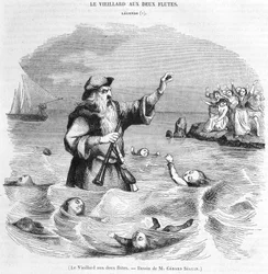 The old man with two flutes. Drawing by Gérard Séguin