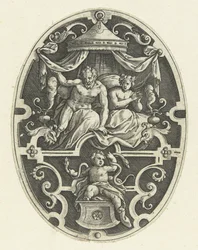 Flat Decoration: Hercules Strangles the Two Snakes in His Cradle (Oval Flat Decorations with the Deeds of Hercules in Grotesques)