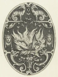 Flat Decoration: The Death of Hercules (series title: Oval Decorations with the Deeds of Hercules in Grotesques)