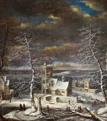 A village in winter in an extensive landscape with figures on the ice