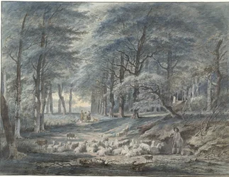 Forest View with a Shepherd and Sheep and Three Figures