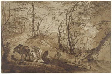 On a Forest Path, a Horse Pulls a Tree from a Puddle, Led by Four Men