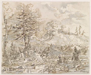 Battle Between Cavalry and Foot Soldiers in a Hilly Landscape