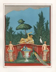Wall painting of Bacchus with peacocks and fountains from a garden wall in the House of Romulus and Remus, VII.VII.10. Chromolithograph by Victor Steeger after an illustration by Geremia Discanno from Emile Presuhn (1844-1878) The Most Beautiful Paintings