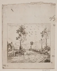 Landscape with House by Road with Tree and Flying Birds