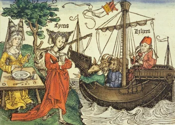 A Sorceress, probably Circe with the cup of poison and Odysseus with his companions