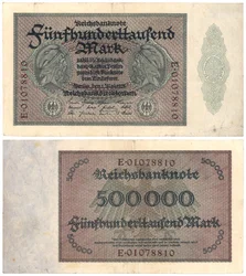 A Five Hundred Thousand Mark Banknote, 1923 (recto and verso)
