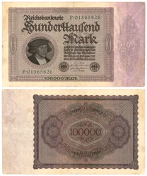A Hundred Thousand Mark Banknote, 1923 (recto and verso)