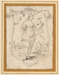 A scrolled shield with the image of a nude woman standing in a landscape, perhaps an allegory of Pride
