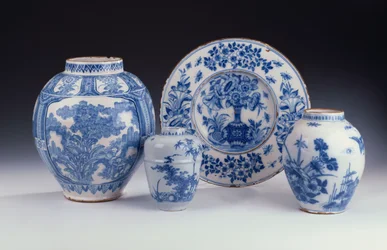 A selection of Frankfurt blue and white ceramics in a Chinese style, c.1680-90